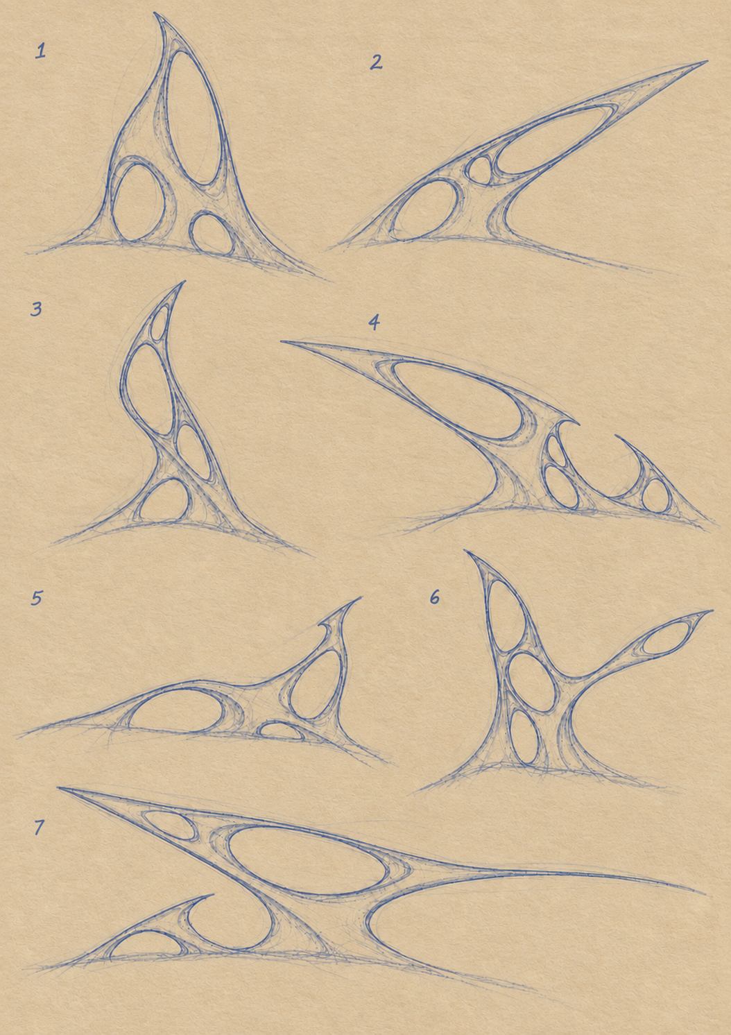 Seven numbered blue-pencil studies of open sculptural forms emerging from the ground