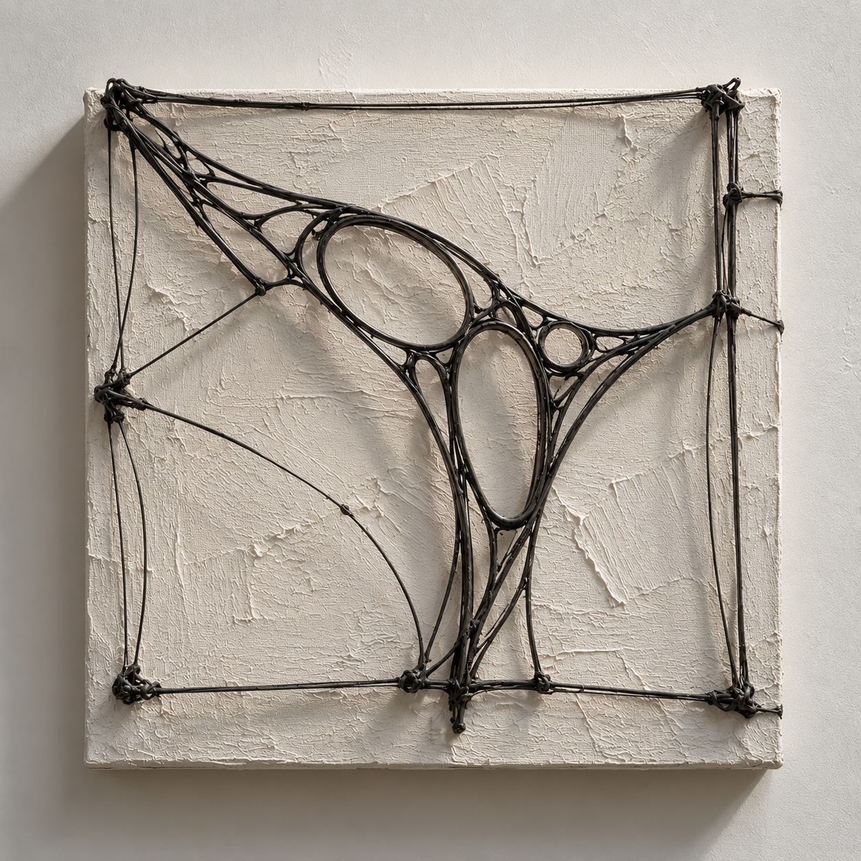 Origin study for Emergence: an open black organic framework stretched across a pale textured canvas
