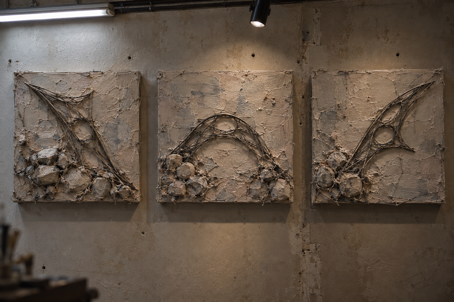 Three concept relief variations presented on a wall, with open organic structures and textured stone surfaces