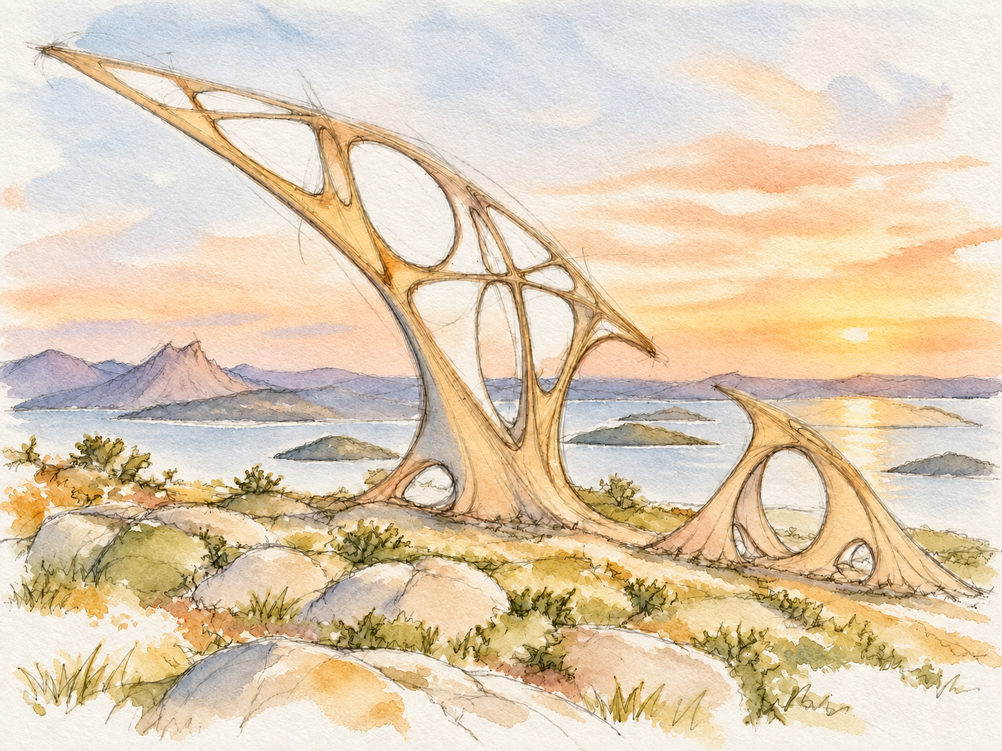 Watercolour concept study of two open, ribbed sculptural forms in a coastal landscape