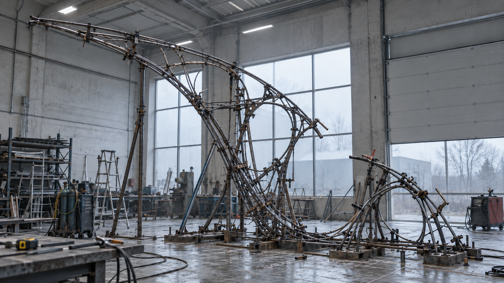 Conceptual workshop representation with two open, curved metal frameworks for Emergence